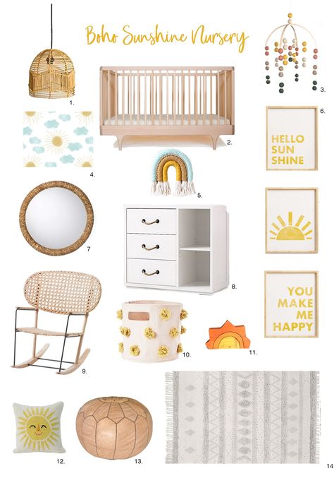 Boho Sunshine Nursery Design Inspiration - Zega Studio - Medium Boho Sunshine Bedroom, Yellow Boho Nursery, Sunshine Nursery Decor, Sunshine Room Decor, Sunshine Theme Nursery, Sunshine Nursery Theme Gender Neutral, Boho Sunshine Nursery, Sun Nursery Theme, Yellow Girl Nursery