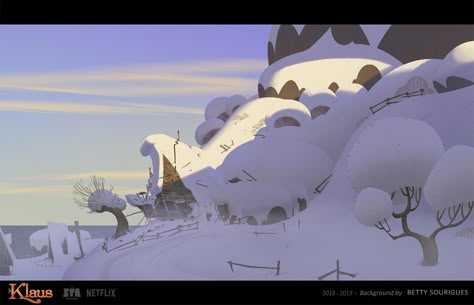 ArtStation - Klaus Background - Gentle Morning, Betty Sourigues Klaus Background, Klaus Movie, Sketchy Style, Winter Town, Spa Studio, Bg Design, Purple Vibe, Hansel And Gretel, Color Script