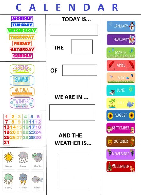 Ingles Kids, Calendar Worksheets, Classroom Charts, Classroom Calendar, English Activities, Kids Calendar, English As A Second Language, Toddler Learning Activities, Preschool Learning Activities