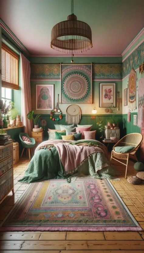 Pink Green Leopard Bedroom, Emerald Green And Pink Bedroom, Pink Boho Bedroom Ideas, Green Pink Bedroom, Bedroom Elevation, Green And Pink Bedroom Ideas, Bedroom Ideas Chic, Pink Green Bedroom, Pink Boho Bedroom