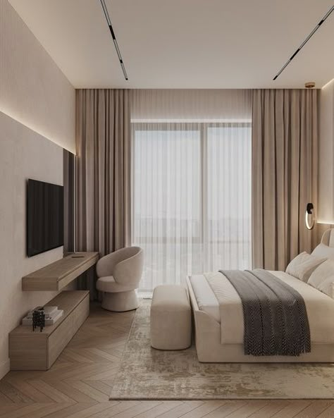 Bedroom 12 M2, Minimal Master Room, Long Windows Bedroom, Curtain Wall Behind Bed, Bedroom Wood Paneling, Japandi Curtains, Beige Bedroom Design, Long Bedroom, Modern Luxury Bedroom Design