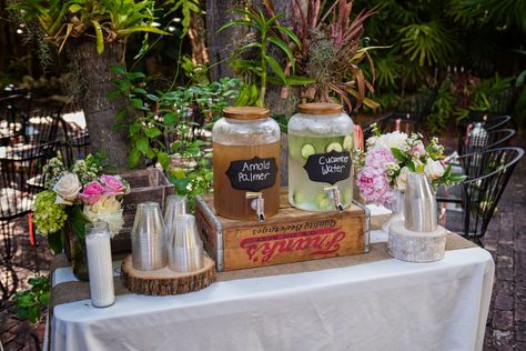 Cocktail Station Party, Outdoor Drink Station, Beverage Station Party, Backyard Engagement Parties, Tropical Table, Wedding Drink Station, Cocktail Station, Cocktail Hour Wedding, Madison Wedding