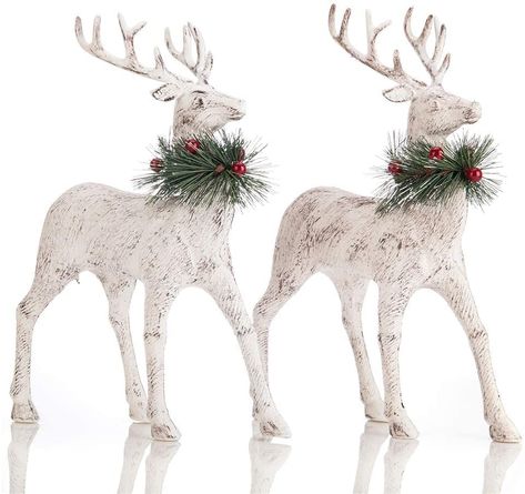 AmazonSmile: SANNO 2 Christmas Deers 12'' Standing Reindeer Decorations Christmas Deer Figurines Ornament Figurines Articles Display with Red Berry Stem Pine Wreath, Freestanding Indoor Tabletop Decorative : Home & Kitchen Reindeer Decorations Christmas, Reindeer Decoration, Deer Figurines, Glitter Reindeer, Christmas Reindeer Decorations, Reindeer Figurine, Vintage Reindeer, Christmas Tabletop Decor, Napkin Decoupage