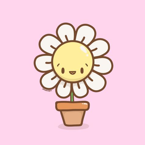 An illustration on a Daisy flower in a flowerpot. Cute Daisy Drawing, Daisy Cartoon, Daisy Flower Drawing, Whoopsie Daisy, Daisy Drawing, Logo Board, Highlight Ig, Cartoon Flowers, Cartoon Faces