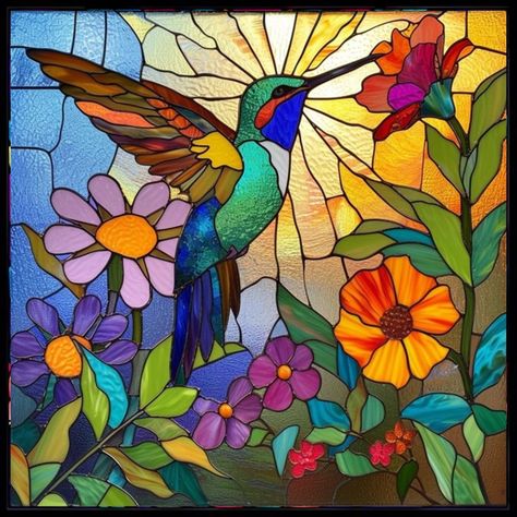 Bird Glass Painting, Hummingbird Easy Painting, Stained Glass Nature Scenes, Harmony Painting, Harmony With Nature, Mosiac Art Paintings, Hummingbird Mosaic Pattern, Harmony In Art, Stained Glass Humming Bird