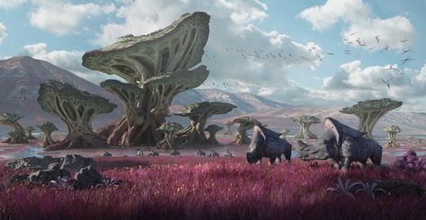 ArtStation - Alien savanna, Raymond Chen Grill Area Ideas, Alien Mushroom, Front Yard Flower Bed, Alien Plants, Garden Seating Area, Sci Fi Landscape, Grill Area, Sci Fi Environment, Graphisches Design