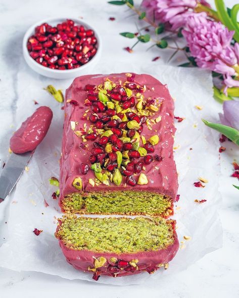 Pistachio Cardamom Rose Loaf #dessert #healthy #dairyfree #vegan #glutenfree #oats #oatflour #wheatfree #freefrom #sesame #sesamepaste #middleeastern #arabic #recipe #sweet #halva #breakfast #dates #datesyrup #pistachios #rose #rosewater #cardamom #arabicfood #iraqi #blogger Pistachio Rose Cardamom Cake, Vegan Gf Recipes Desserts, Pistachio Cardamom Rose Loaf, Baking With Pomegranate Seeds, Pistachio Pomegranate Cake, Vegan And Gluten Free Recipes Desserts, Healthy Vegan Gluten Free Desserts, Vegan Gf Cake, Pink Baking Ideas