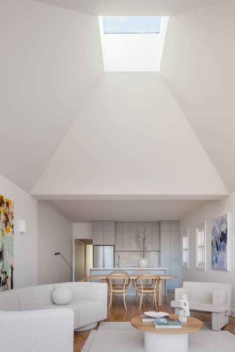 Raked ceiling and skylight to the Living room at Cloud Room Skylight Living Room Ceilings, Square Skylight, Skylights Ideas Ceilings, Skylight Living Room, Transparent Roof, Hampstead House, Cloud Room, Raked Ceiling, Turtle Rock