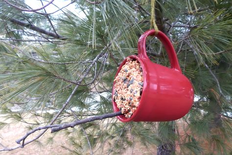 bird feeder coffee mug dementia craft Recycled Mug Crafts, Mug Bird Feeder, Coffee Mug Bird Feeder, Coffee Cup Bird Feeder, Coffee Cup Crafts Diy Projects, Cup Bird Feeder Diy, Craft Bird Feeder, Grandkid Crafts, Gazebo Bird Feeder