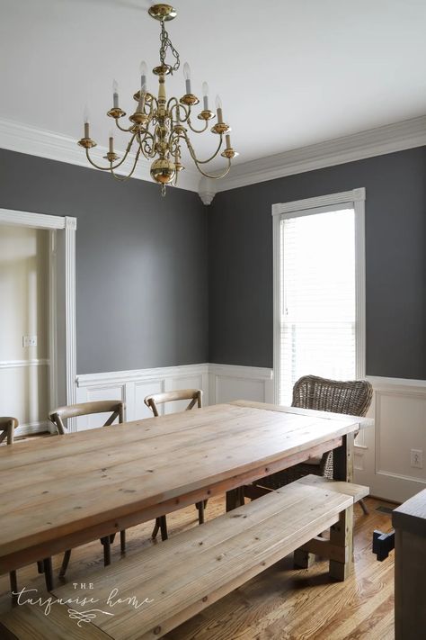 Kendall Charcoal walls in the dining room with lots of natural light Dining Room Wall Color, Kendall Charcoal, Charcoal Walls, Dining Room Paint Colors, Dining Room Accents, Room Wall Colors, Dining Room Paint, Grey Dining Room, Dining Room Makeover