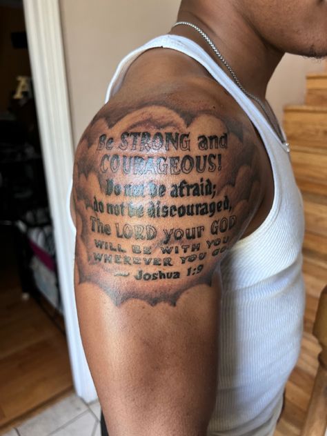 Lion Tattoo With Words, Bible Verse Tattoos For Men Upper Arm, Religous Tattoo Quotes Men, Small Shoulder Tattoos Men, Scripture Tattoos For Men Shoulder, Small Upper Arm Tattoos For Guys, Shoulder Tattoo Men Bible Verse, Bible Verse Shoulder Tattoos, Bible Verse Tattoos For Men Shoulder