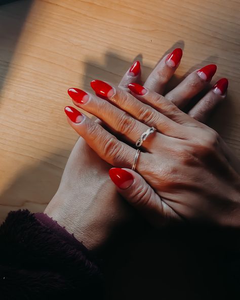 Nails With Half Moon, Half Nail Painted, Half Red Nails, Red Nails With Moon Design, Red Half Moon Almond Nails, Clear Red Nails, Red Half Moon Nails, Half Moon Nail Designs, Dark Red Half Moon Nails