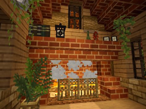 minecraft build inspo Aesthetic Minecraft Decor Ideas, Minecraft Fireplace Cottage, Cottagecore Minecraft Living Room, Minecraft Fireplace Ideas Cottage, Living Room Minecraft Cottage, Interesting Minecraft Builds, Minecraft Cottage Fireplace, Minecraft Store Build, Store Minecraft Ideas