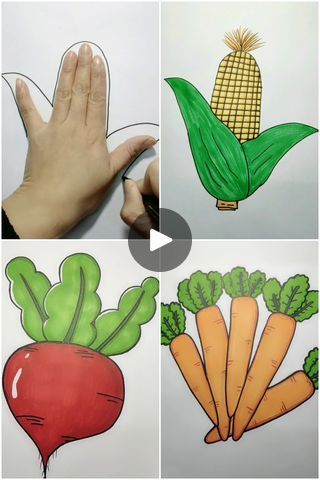 How To Draw Vegetables Step By Step, Two Vegetables Drawing, Fruit And Veg Drawings, Handprint Drawing, Vegetable Basket Drawing Easy, Vegetable Drawing For Kids, Hand Postures, Green Fruits And Vegetables, Different Emojis