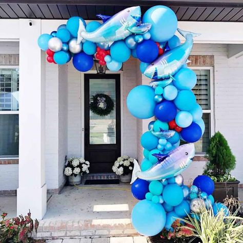 28 Shark Party Ideas for Kids - Lady Celebrations Shark Themed Baby Shower, Red Balloon Arch, Shark Balloons, Shark Balloon, Shark Party Decorations, Shark Themed Party, Ocean Birthday Party, Shark Themed Birthday Party, Ocean Birthday