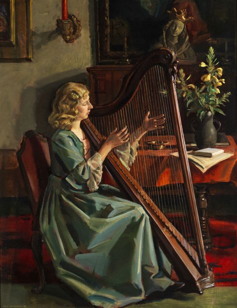 Max Rimböck (1890-1956) —  The Artist's Wife, Pplaying the Harp,  1941   (1228×1600) Harbin, Tela, Playing The Harp, Decorative Room, Musician Portraits, Harps Music, The Harp, Canvas Oil Painting, Female Art Painting