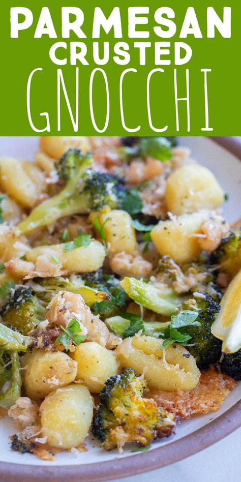 This Parmesan Crusted Gnocchi with Broccoli and White Beans is a quick and easy vegetarian sheet pan dinner! You only need a few ingredients to throw this delicious meal together. The parmesan, white beans and broccoli add protein and the potato gnocchi will keep you nice and full. Serve with a side salad and bread for a hearty dinner. #sheetpanmeal #gnocchirecipe #glutenfree #vegetarian Gnocchi Green Beans, Vegetarian Recipes Gnocchi, Gnocchi And Broccoli Recipes, Sheet Pan Gnocchi Recipes, Chicken Broccoli Gnocchi, Gnocchi And Broccoli, Gnocchi Sheet Pan Dinner, Gnocchi Meals, Gnocchi And Vegetables