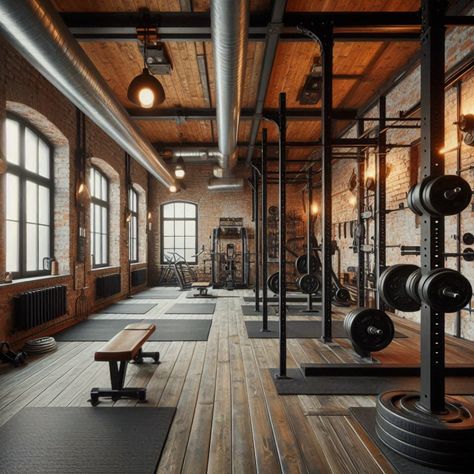 Transform your workout space with industrial decor: exposed brick walls and metal fixtures create the ultimate gym aesthetic. #GymInspo #IndustrialChic #HomeWorkout #FitnessSpace #BrickAndMetal Rustic Gym, Man Cave Gym, Home Gym Design Luxury, Pilates Cardio Workout, Home Gym Layout, Commercial Gym Design, Garage Gym Ideas, Small Home Gym Ideas, Pilates Cardio