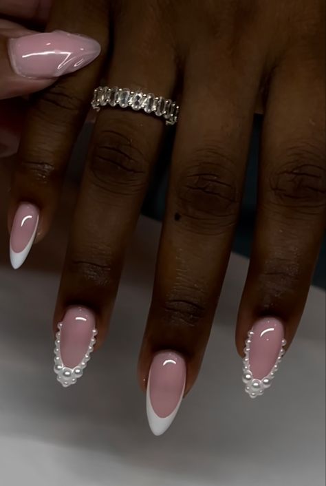 Almond French Tip Nails With Pearls, Almonds Nails Designs, Almond French With Pearls, Elegant Pearl Nails, Pearl Almond Acrylic Nails, French Tip Acrylic Nails With Pearls, Short Almond Pearl Nails, Almond Pearl French Tip Nails, Classy Pearl Nails