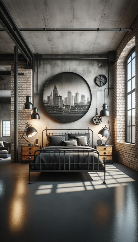 Industrial bedroom with exposed brick walls, metal bed frame, dark gray linens, and black throw pillows. Nightstands are made from reclaimed wood with vintage lamps and metal sculptures. Cityscape photograph above the bed, round black-framed mirror on the wall, polished concrete flooring, and factory-style windows with black blinds and white curtains for natural light. Industrial Bedroom Ideas, Zen Bedroom Ideas, Black Blinds, Industrial Bedroom Design, Industrial Style Bedroom, Distressed Wood Furniture, Mid Century Modern Scandinavian, Calming Spaces, Industrial Style Lighting