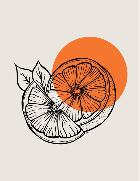 Orange Illustration Art, Illustration Simple Art, Orange Leaf Tattoo, Simple Orange Drawing, Orange Drawing Simple, Cute Orange Drawing, Orange Blossom Drawing, Orange Slice Drawing, Tangerine Drawing