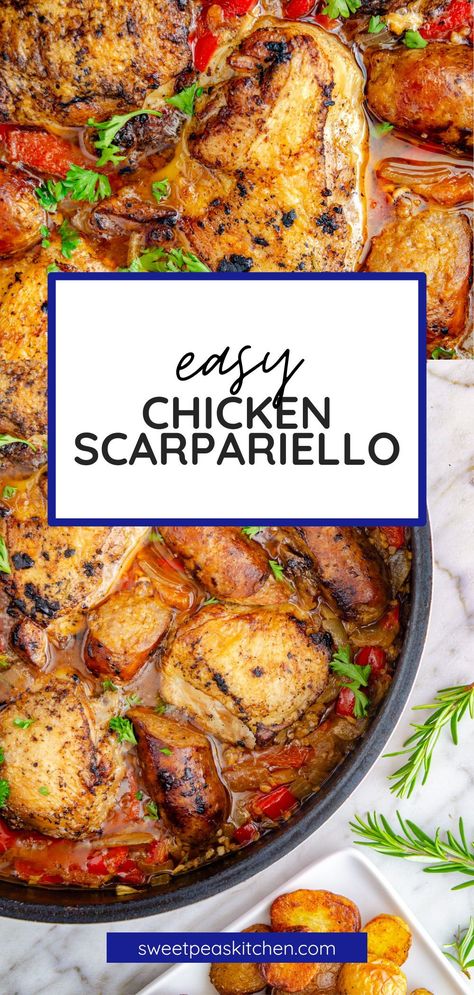 Chicken Scarpariello is a simple Italian-American classic ready in under 60 minutes. This one pan meal features tender juicy chicken thighs and sweet Italian sausage simmered in a sweet and sour sauce of pickled peppers, onions, garlic, and wine. Served with crispy oven roasted fingerling potatoes this easy recipe is full of bold flavors and is a mouthwatering dinner you have to try. Chicken Scarpiello Recipe, Chicken Scarpariello With Sausage And Potatoes, Chicken Scarpariello Recipe Simple, Italian Chicken Thighs Recipes, Chicken Scarpariello With Sausage, Chicken And Italian Sausage Recipes, Sausage And Chicken Recipes, Italian Sausage And Chicken, Chicken Scarpariello Recipe