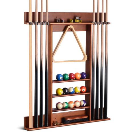 PRICES MAY VARY. 【Solid Wood & Sturdily Built】Made out of solid pine wood and stained into cherry finish, this pool cue rack is sturdily built and sure to last you a long time 【Wall Cue Rack】Using a wall-mounted pool stick holder to hold your cues is a great way to store all your pool table accessories without taking up valuable floor space and keep your game room neat and organized. 【Holds All Contents of Pool Table Play】The 8 cues are held side by side, making it easy and convenient to access Pool Stick Holder, Dining Room Pool Table, Pool Cue Holder, Pool Table Covers, 8 Pool, Pool Table Accessories, Pool Cue Rack, Pool Table Room, Pool Sticks