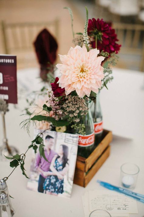 Elegant + Rustic Travel Wedding {Love Is A Big Deal Photography} Burgundy And Blush Wedding Centerpieces, Blush Fall Wedding, Pretty Wedding Centerpieces, Burgundy Wedding Centerpieces, Blush Wedding Centerpieces, Marsala Color, Burgundy And Blush Wedding, Wedding Flowers Sunflowers, Bottle Centerpieces