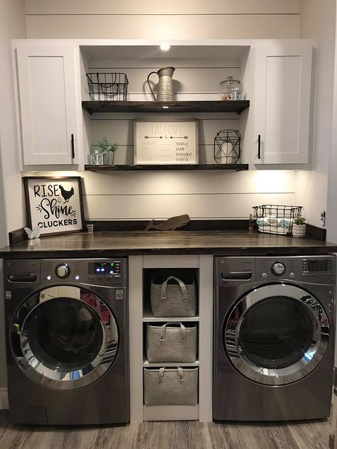 Basement Laundry Room Makeover, Diy Laundry Room Makeover, Mudroom Remodel, Laundry Room Wallpaper, Basement Laundry Room, Family Room Makeover, Laundry Room Renovation, Diy Shiplap, Minimalist Kitchen Design