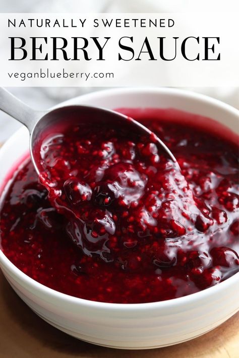 Frozen berries are sweetened with apple juice concentrate and thickened with cornstarch or arrowroot powder in this healthy and simple berry sauce!  Perfect over waffles, pancakes, swirled in homemade vegan yogurt or layered in parfaits, this fruit juice sweetened sauce is a wonderful alternative to high-sugar toppings!  #veganrecipes Berry Sauce Recipe, Berry Desserts, Ball Canning, Alkaline Recipes, Canning Recipe, Fruit Sauce, Berry Sauce, Berry Compote, American Desserts