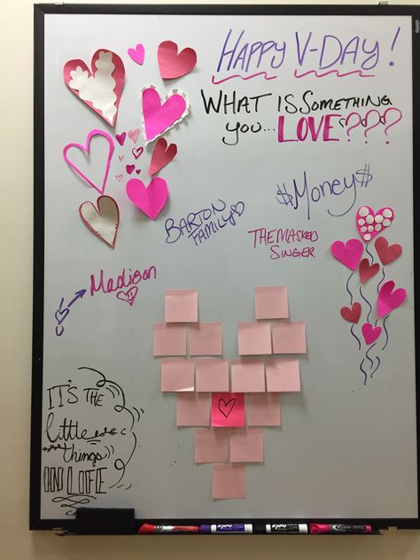 Valentine's Day White Board Valentines Day White Board Ideas, Valentine’s Day Whiteboard Ideas, Valentines White Board Ideas, February White Board Ideas, Meeting Prompts, Whiteboard Ideas, Classroom Whiteboard, Whiteboard Messages, Images For Valentines Day