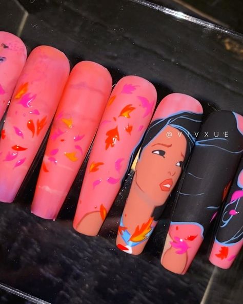 Vivian Xue Rahey on Instagram: “[MINI THREAD] 🦝🍂⛰ Pocahontas Appreciation (these are custom orders, not part of the ready-to-wear drop) 😅, one thing I’ve always wanted to…” Pocahontas Nail Art, Hercules Nails, Pocahontas Nails, Disney Nails Acrylic, Almond Acrylic Nails Designs, Nails Disney, Hercules Disney, Disney Nail, Mani Ideas