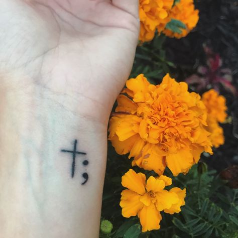 Cross with semicolon tattoo   My first tattoo!! Cross Semi Colon Tattoo, Simecolen Tattoo, Cross And Semi Colon Tattoos For Women, Cross And Semicolon Tattoo, Cross Semicolon Tattoo, Semi Colon Cross Tattoo Ideas, Semi Collen Tattoo, Tattoos For Healing, Women Rose Tattoo