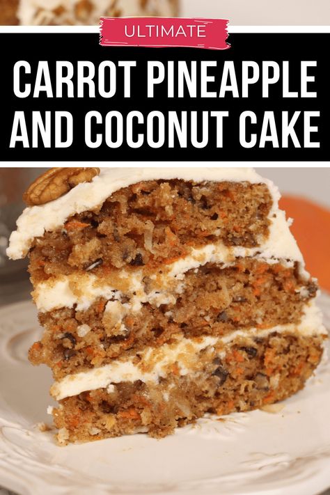 This Ultimate Carrot Cake with Pineapple and Coconut is a dream come true! This isn't your average carrot cake – it's a flavor explosion that combines the warm spices of classic carrot cake with the juicy sweetness of pineapple and the delightful chew of coconut. Carrot Cake Pineapple Coconut, Carrot Cake With Pineapple And Raisins, Pineapple Spice Cake, Organic Carrot Cake, Carrot Cake Recipe With Pineapple And Coconut, Carrot Coconut Cake, Cashew Cake Recipe Aruba, Keto Pineapple Cake, Best Carrot Cake Recipe With Pineapple And Coconut