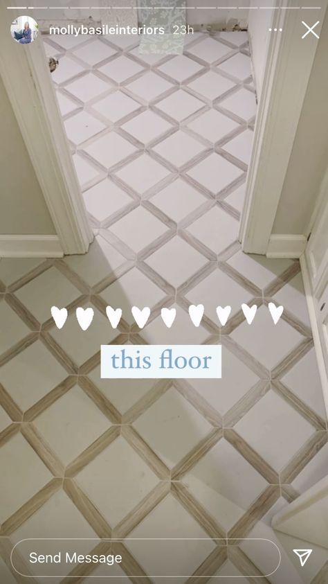 Tile Floor In Dining Room, Lattice Tile Floor, Wood Look Herringbone Tile Floor, Herringbone Brick Floor Laundry Room, Pantry Flooring Ideas, White Wash Tile Floor, Diamond Bathroom Floor, Checked Floor Kitchen, Bathroom With Patterned Tile Floor