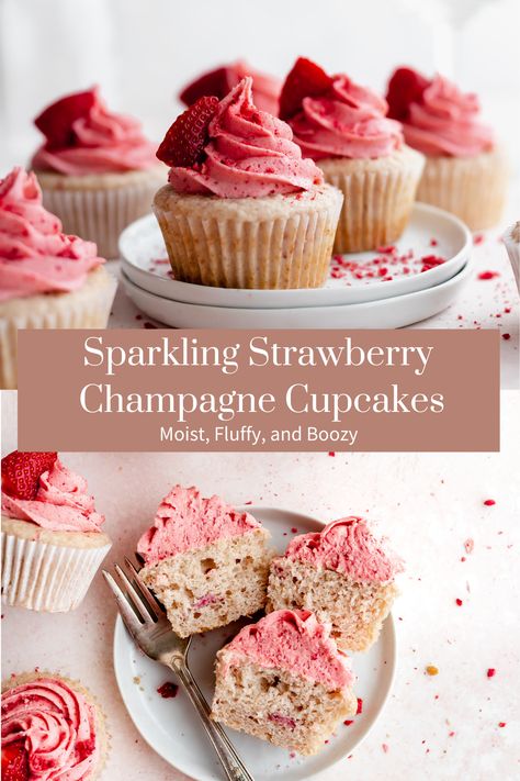 Strawberry Valentines Cupcakes, Wine Cupcakes Decoration, Valentines Day Patisserie, Valentines Cupcake Flavors, Valentines Desserts Fancy, Valentines Cupcake Recipes, Valentine’s Day Cupcake Flavors, Strawberry Champagne Cupcakes, Cupcake Recipes Valentines Day