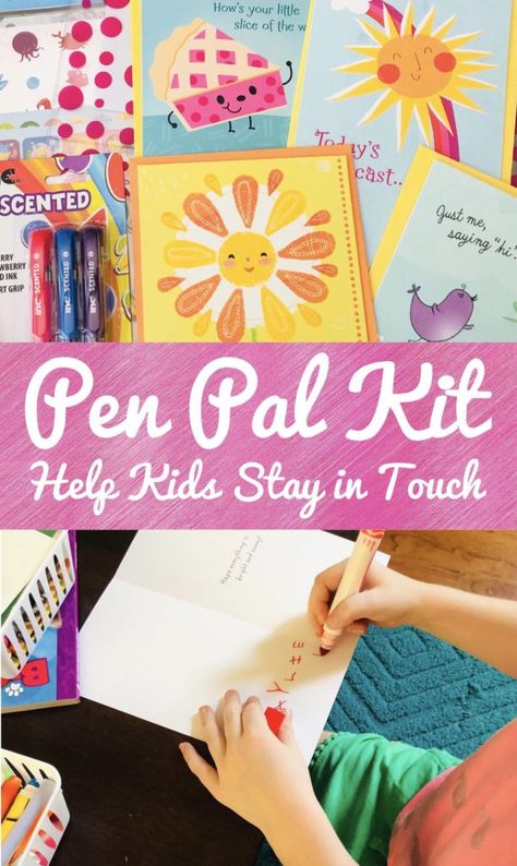 Create a Pen Pal Kit for Kids with Dollar Tree Cards to help them stay in touch with cousins and friends from out of town. #dollartree #penpal #snailmail #happymail Pen Pals Elementary School, Kid Pen Pal Ideas, Pen Pals For Kids, Toddler Pen Pal Ideas, Pen Pal Ideas For Kids, Pen Pal Gift Ideas, Things To Add To A Letter, Pen Pal Crafts, Penpal Kit