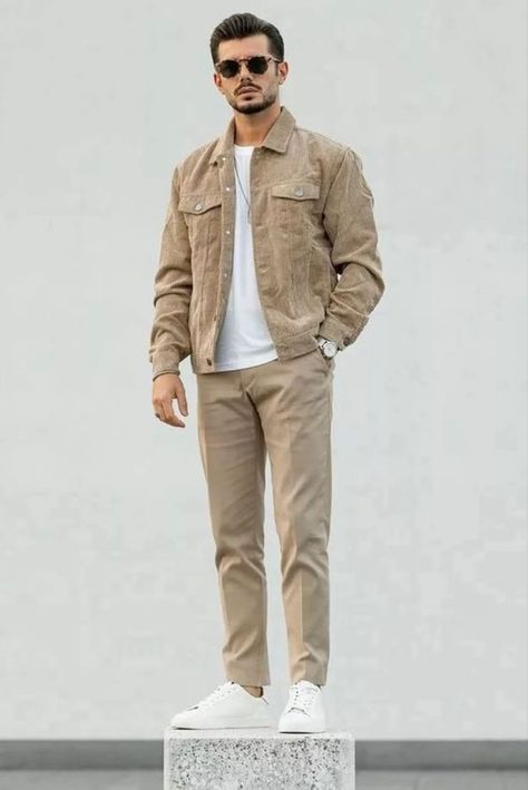 #Threadicated #WeekendOutfit #OutfitInspo #Styletip Khaki Denim Jacket Outfit Men, Brown Cream Outfit Men, Mens Tan Outfit, Tan Khaki Pants Outfit, Beige Denim Jacket Outfit Men, Beige Overshirt Men Outfit, Men Cream Outfit, Tan Outfits Men, Beige Pants Outfit Men Formal