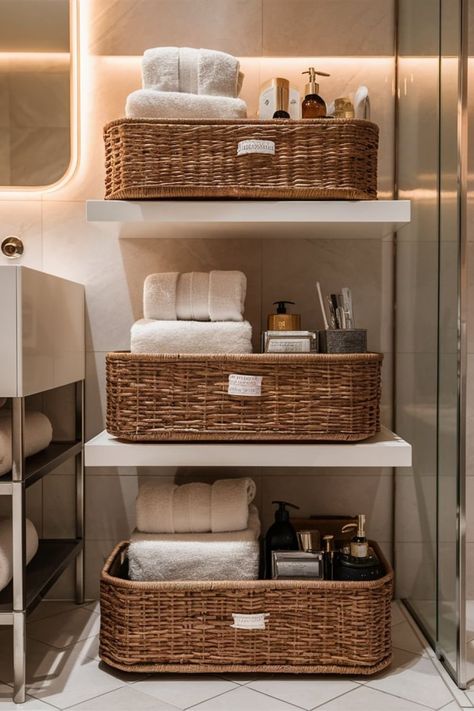 25 Bathroom Storage Ideas [Within Budget] – craftydiyers.com Shelf With Baskets Bathroom, Bathroom Shelves And Storage, Bathroom Organization Open Shelves, Bathroom Storage Open Shelving, Bathroom Open Shelving Organization, Home Bathroom Organization, Small Bathroom Product Organization, Bamboo Shelves Bathroom, Bathroom Caddy Ideas Organizations