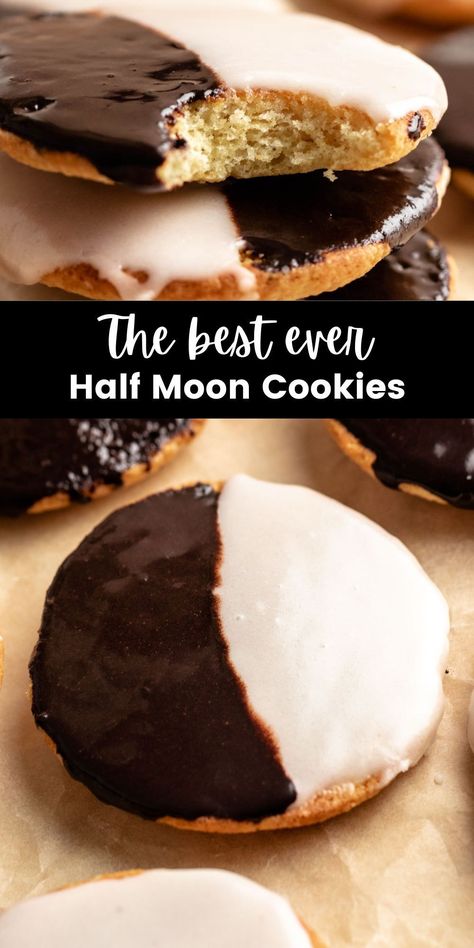 These half moon cookies are pillowy soft cookies with half chocolate half vanilla icing which creates this iconic New York cookie! Vanilla Half Moon Cookies, Halfmoon Cookies Recipes, Halfway Cookies, Eclipse Snacks, Moon Cookies Recipe, Half Moon Cookies Recipe, Half Moon Cookies, Holiday Recipes Christmas Desserts, Cookies Bakery