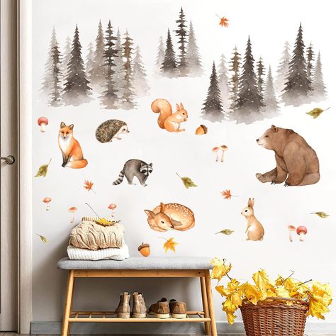 PRICES MAY VARY. Decorative Effect: These Jungle Animals Tree Stickers contains Bears, foxes, deer, rabbits, raccoons, mushrooms and fallen leaves patterns, can brighten and beautify the room, it will add a warm atmosphere and create a fantastic scene to your room. Decoration Scenes: Woodland Nursery Wall decoration is widely application. Perfect for bedroom, kids' rooms, nursery, baby room, living rooms decoration or anywhere you want to decorate. Peel and Stick: Winter Animals Decals are made Woodland Baby Room, Forest Wall Decals, Forest Animal Nursery, Toddler Boy Room Decor, Baby Boy Ideas, Toddler Boy Room, Nursery Stickers, Pine Tree Forest, Kids Room Wall Stickers