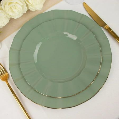 Balsacircle 10 Dusty Sage 9" Round Disposable Salad Dinner Plastic Plates Gold Wavy Trim Wedding Party Tableware, Size:9", Multicolor Disposable Tableware Wedding, Plastic Disposable Plates, Sage Green And Gold Wedding Decor, Sage Table Setting Wedding, Bamboo Plates Wedding, Gold And Sage Wedding, Green And Gold Table Setting, Green Bridal Shower Ideas, Wedding Dishes