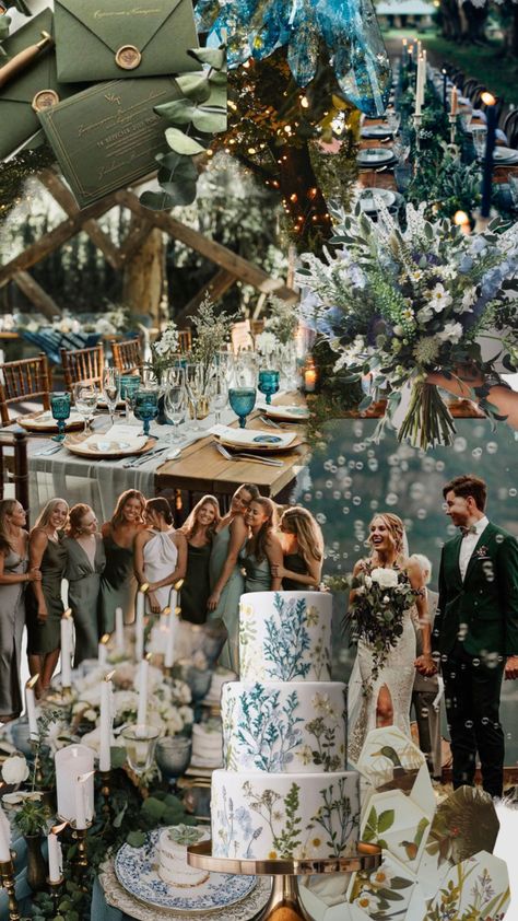 Navy Forest Green Wedding, Blue Woodsy Wedding, Blue Green Black Wedding, Black Green And Blue Wedding, Blue And Sage Wedding Color Schemes, Wedding Blue Green Color Schemes, Blue Forest Wedding Theme, Blue Cottagecore Wedding, Powder Blue And Green Wedding