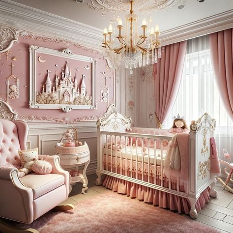 Disney Princess Nursery Ideas, Grandma Furniture, Elegant Baby Nursery, Princess Nursery Theme, Princess Kids Room, Pink Nursery Room, Girls Princess Room, Pink Baby Room, Disney Princess Room