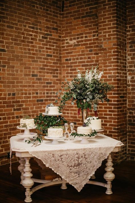 Bride’s cake table at Loft 212 Events in Cullman, Alabama Bride Cake Table Ideas, Cake Tables For Weddings, Outside Wedding Venues, Grooms Cake Tables, Cake Table Wedding, Wedding Dessert Table Decor, Bride And Groom Table, Alabama Wedding Venues, Brides Table