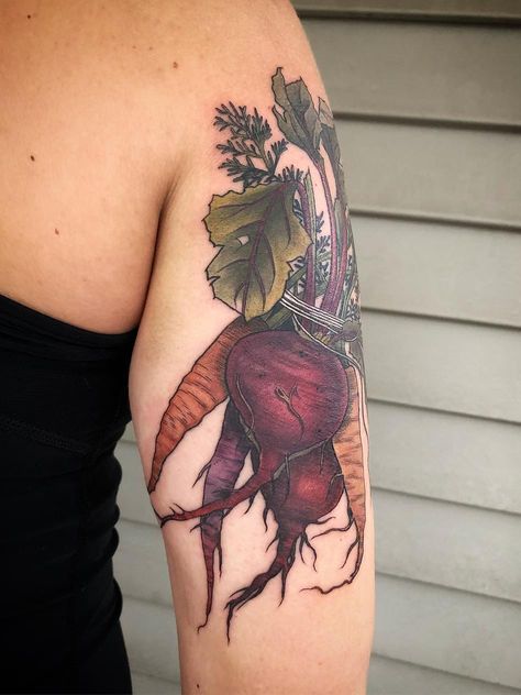 Vegetables Tattoo, Veggie Tattoo, Kendall Tattoo, Vegetable Tattoo, Carrots And Beets, Arte Ganesha, Marigold Tattoo, Chef Tattoo, Garden Tattoos