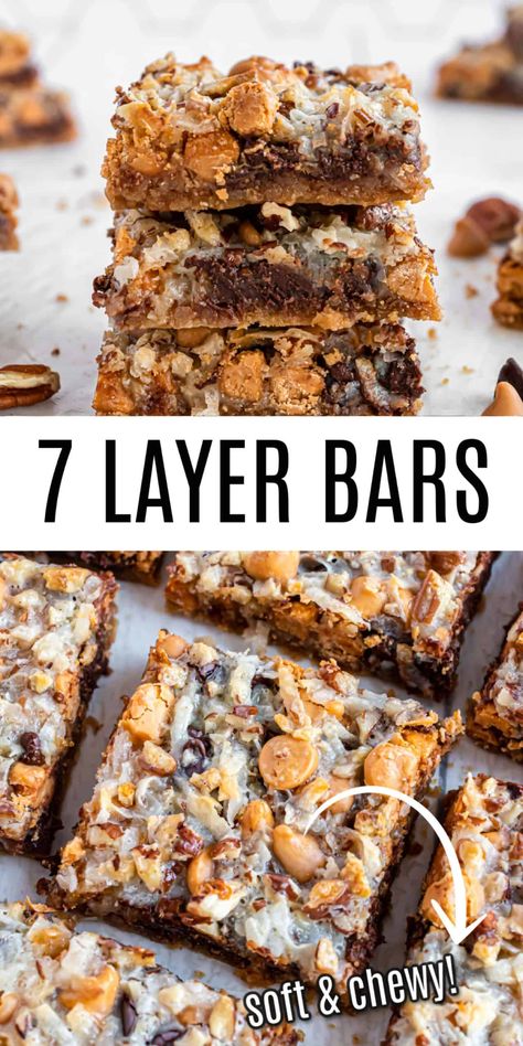 7 Layer Cookie Bars Recipe topped with coconut, pecans, chocolate and butterscotch. You'll love this easy Magic Bar recipe any time of year! 7 Layer Cookie Bars, Layer Cookie Bars, Seven Layer Cookies, 7 Layer Cookies, Gooey Desserts, Magic Bars Recipe, Magic Cookie Bar Recipe, Seven Layer Bars, 7 Layer Bars