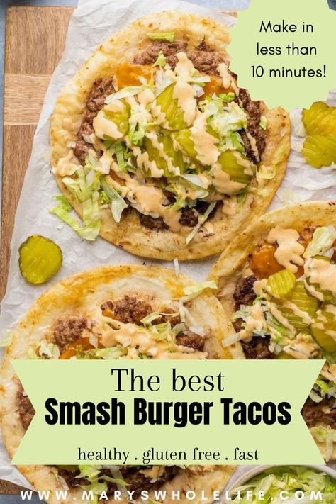 This Big Mac Taco Recipe is a gluten free rendition of the viral recipe for smash burger tacos! They are so easy to make in less than 10 minutes and have all the flavors of your favorite McDonald’s Big Mac burger, complete with a homemade big mac sauce! Burger Taco Recipe, Big Mac Smash Burger, Smash Burger Tacos, Taco Sauce Recipes, Big Mac Tacos, Mac Tacos, Homemade Big Mac Sauce, Burger Tacos, Burger Sauces Recipe