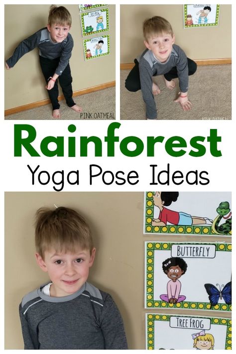 Rainforest Yoga | Pink Oatmeal Rainforest Stem Activities, Jungle Theme Activities, Rainforest Preschool, Rainforest Crafts, Jungle Activities, Preschool Jungle, Yoga Pose Ideas, Rainforest Activities, Pink Oatmeal