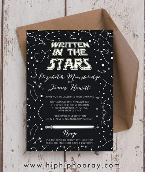 Amazing star wars themed / inspired wedding invitations / invites. Available as a printable PDF or professionally printed and delivered. Black background with constellations, star wars style fonts and lightsaber. Limited edition, available on request - enquiries to hello@hiphiphooray.com Star Wars Themed Wedding Invitations, Star Wars Wedding Theme Invitations, Star Wars Themed Quince, Starwars Wedding Invitation, Star Wars Wedding Backdrop, Star Wars Vow Renewal, Star Wars Wedding Invites, Star Trek Themed Wedding, Star Wars Engagement Party